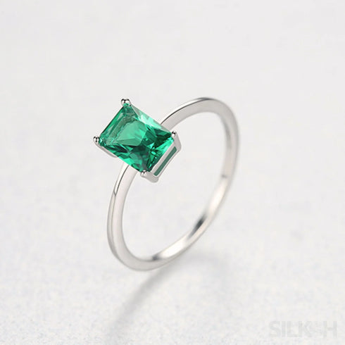 Rectangular Cut Sterling Silver Emerald Ring Athena